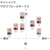 キャンメイク グロウフルールチークス の色味を黄み・青み・明度・暗度の4軸で比較したチャート画像。パーソナルカラー（ブルベ／イエベ）別に分類