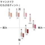 キャンメイク むちぷるティント の色味を黄み・青み・明度・暗度の4軸で比較したチャート画像。パーソナルカラー（ブルベ／イエベ）別に分類