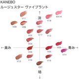 カネボウ ルージュスターヴァイブラント の色味を黄み・青み・明度・暗度の4軸で比較したチャート画像。パーソナルカラー（ブルベ／イエベ）別に分類